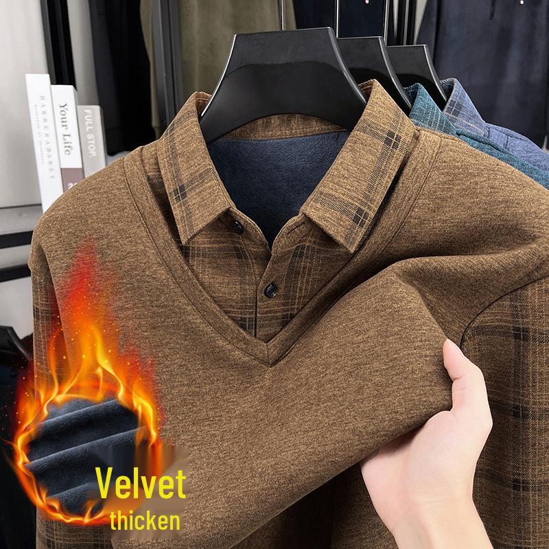 

Men s Winter Wool Silk Faux Two-Piece Velvet Thickened Sweater with Shirt Collar M (90-120 Jin) коричневий