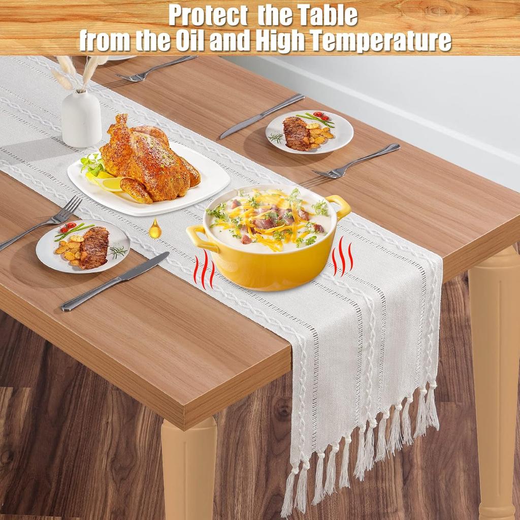 Table Runner, Boho Farmhouse Table Runners 72 Inches Long with Tassels for Holiday Party, Linen Beige Table Runners Wrinkle Free for Wedding Dining