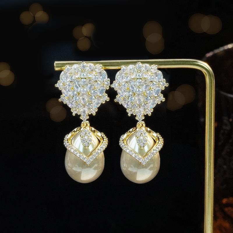 Electroplated Copper Zirconia Earrings with Imitation Pearl Drops for Women - Elegant and Luxurious Design