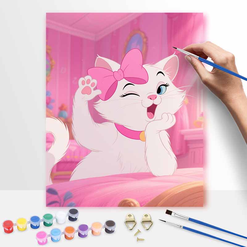 Disney Cute White Cat Pink Bow Oil Painting Hand Painting Coloring Painting Handmade Diy Home Decoration Gift