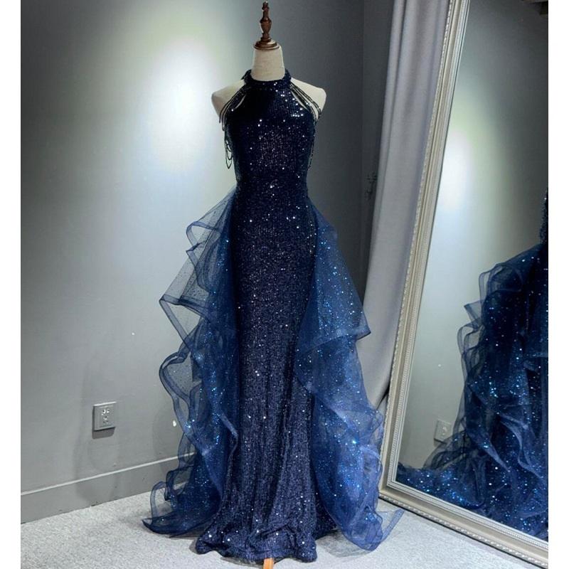 Abendkleid Damen Neuer Stil Leichter Luxus Nische Bankett Klavier Gesang Geige Kunstprüfung Moderator Jahrestagung M blau