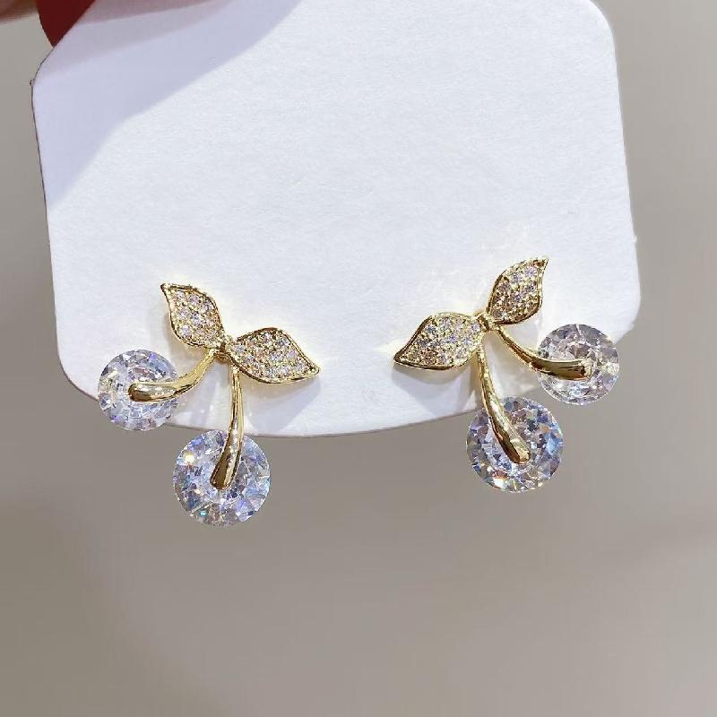 Trendy Korean Zircon Crystal Cherry Ear Stud Earrings For Women Leaves Rhinestone Earrings Wedding Party Jewelry Gifts