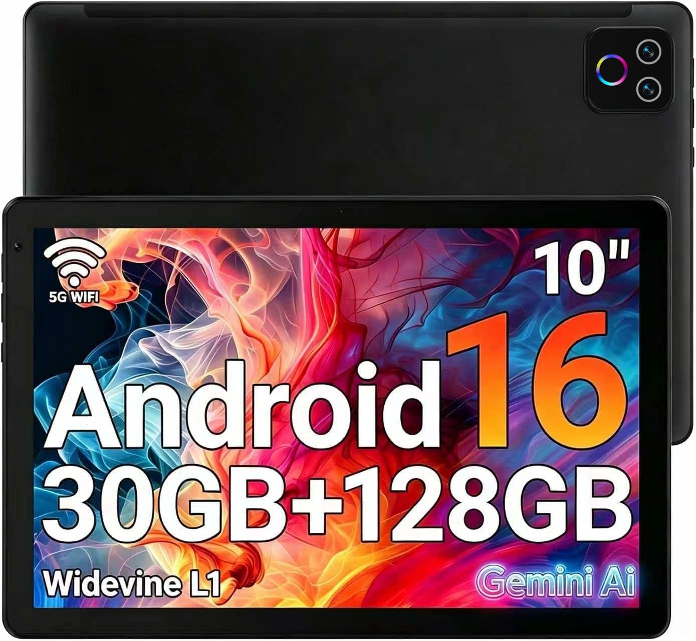 Android 16 Tablet, 10,1 Zoll, 30 GB RAM + 128 GB ROM, 5000 mAh Akku Only tablet schwarz