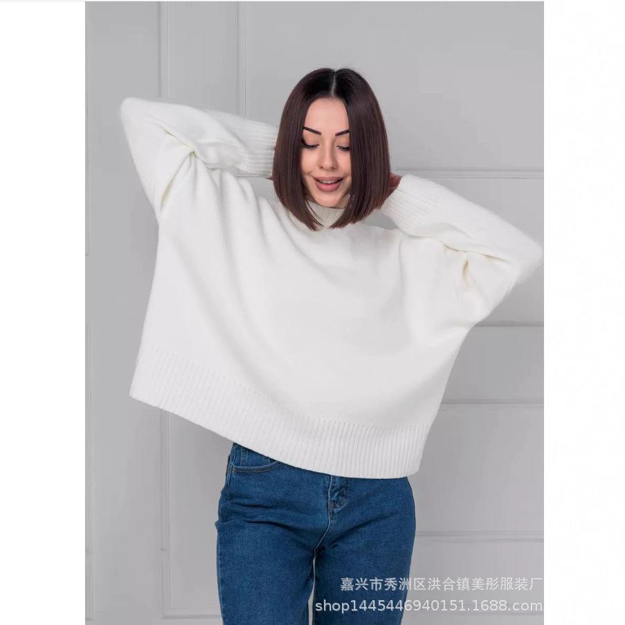 Crew neck sweater women's European, American autumn and winter new solid color versatile casual lazy pullover knitted sweater top