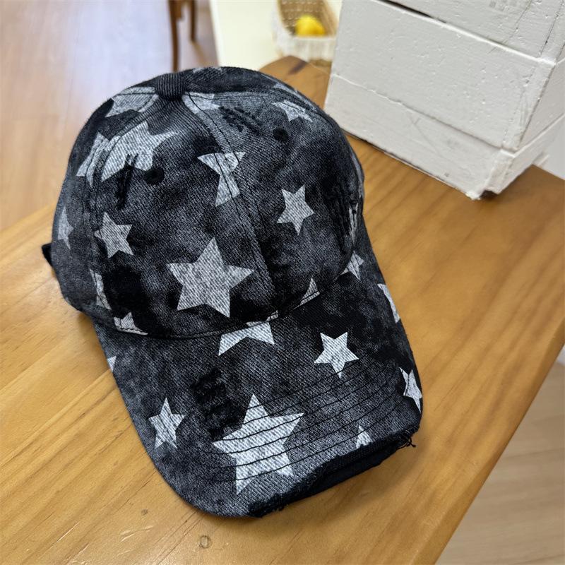 American Retro Old Ripped Star Printed Baseball Cap Women's Wide Brim Trendy Cool Hat Showing Face Small Cap