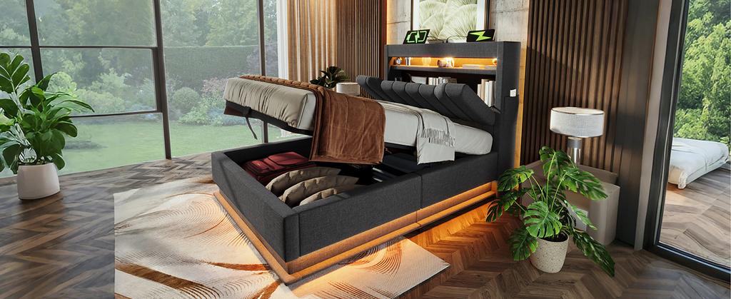 Cama individual tapizada de 90x200 cm, Cabecero con puertos USB tipo C, Iluminación LED en cabecero y piecero, Almacenamiento hidráulico, Gris, Lino (Sin colchón)