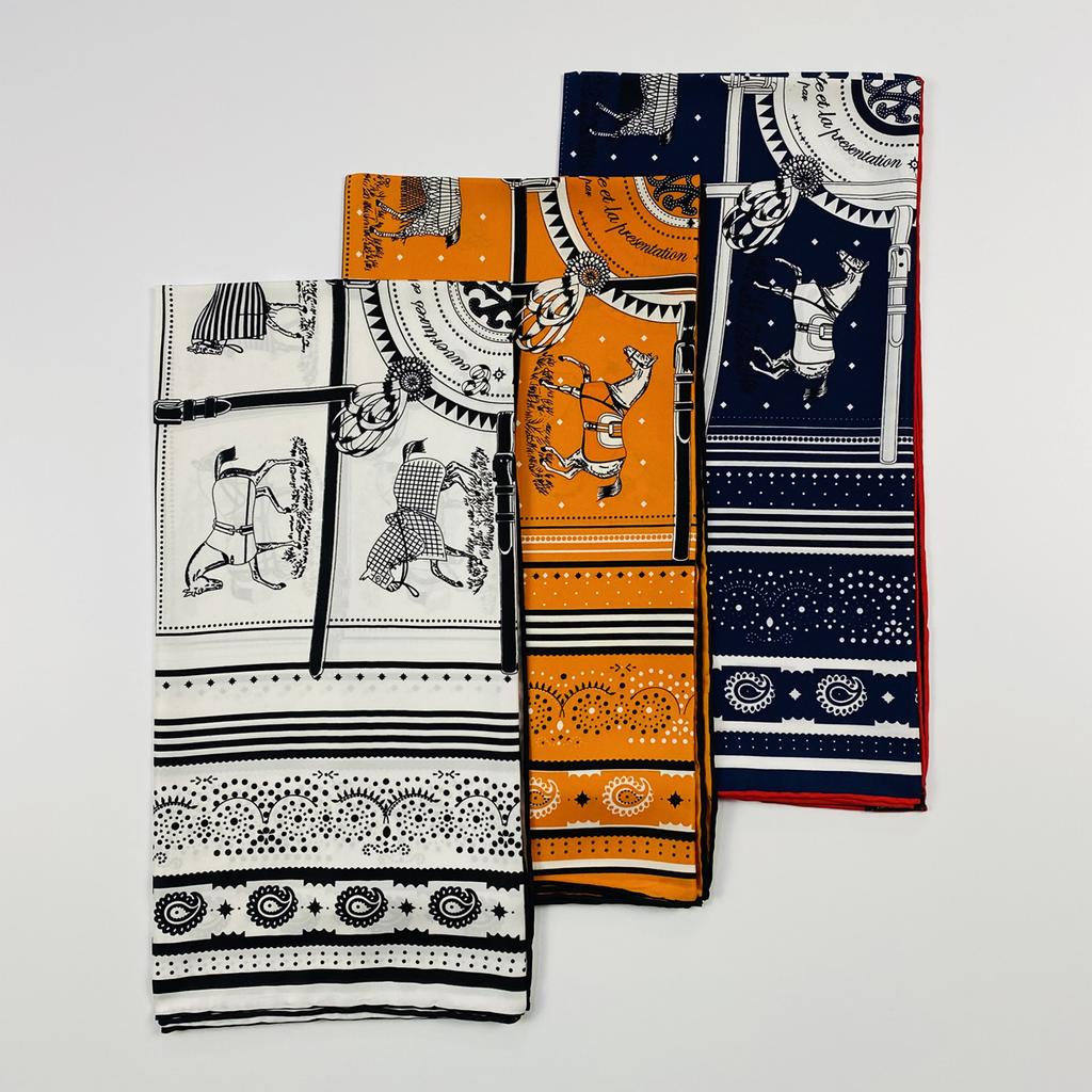 90cm Hand Rolled Horse Design Twill Silk Square Scarf Women Shawl Brand Hijab Scarf Foulard Head Scarves Design Bandana
