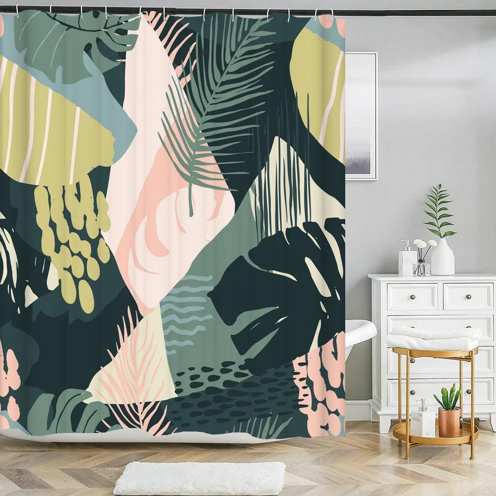 Nordic Style Abstract Art leaves Shower Curtain Waterproof Polyester Bath Curtain Morandi Color Block Curtain For Bathroom Decor