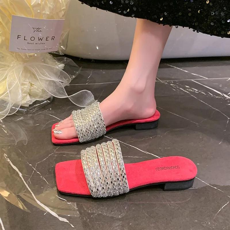 Fashion 2025 Summer Women Square Toe Crystal Slippers Fashion Dress Flats Shoes Ladies Concise Outdoor Beach Slides