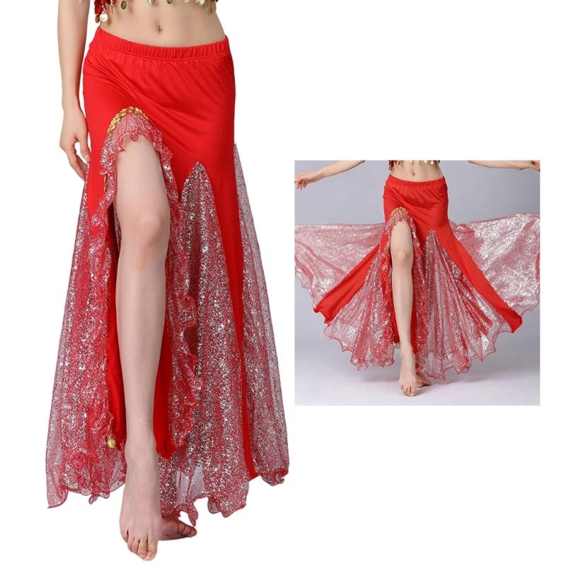 Belly Dance Skirt Sequins Slit Tribal Bellydance Skirts Belly Dancer Costumes for Women Carnival Outfit Dancing Skirt
