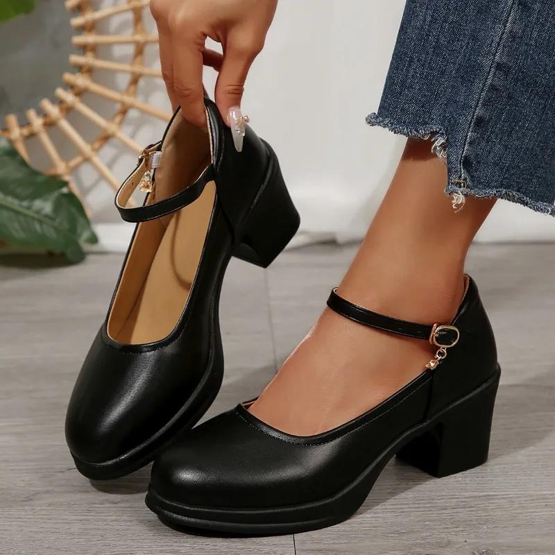Fashion Chunky Heel Pumps Round Women Toe Ankle Strap Mary Shoes for Women Elegant High Heels Office Shoes Plus Size Chaussure Femme