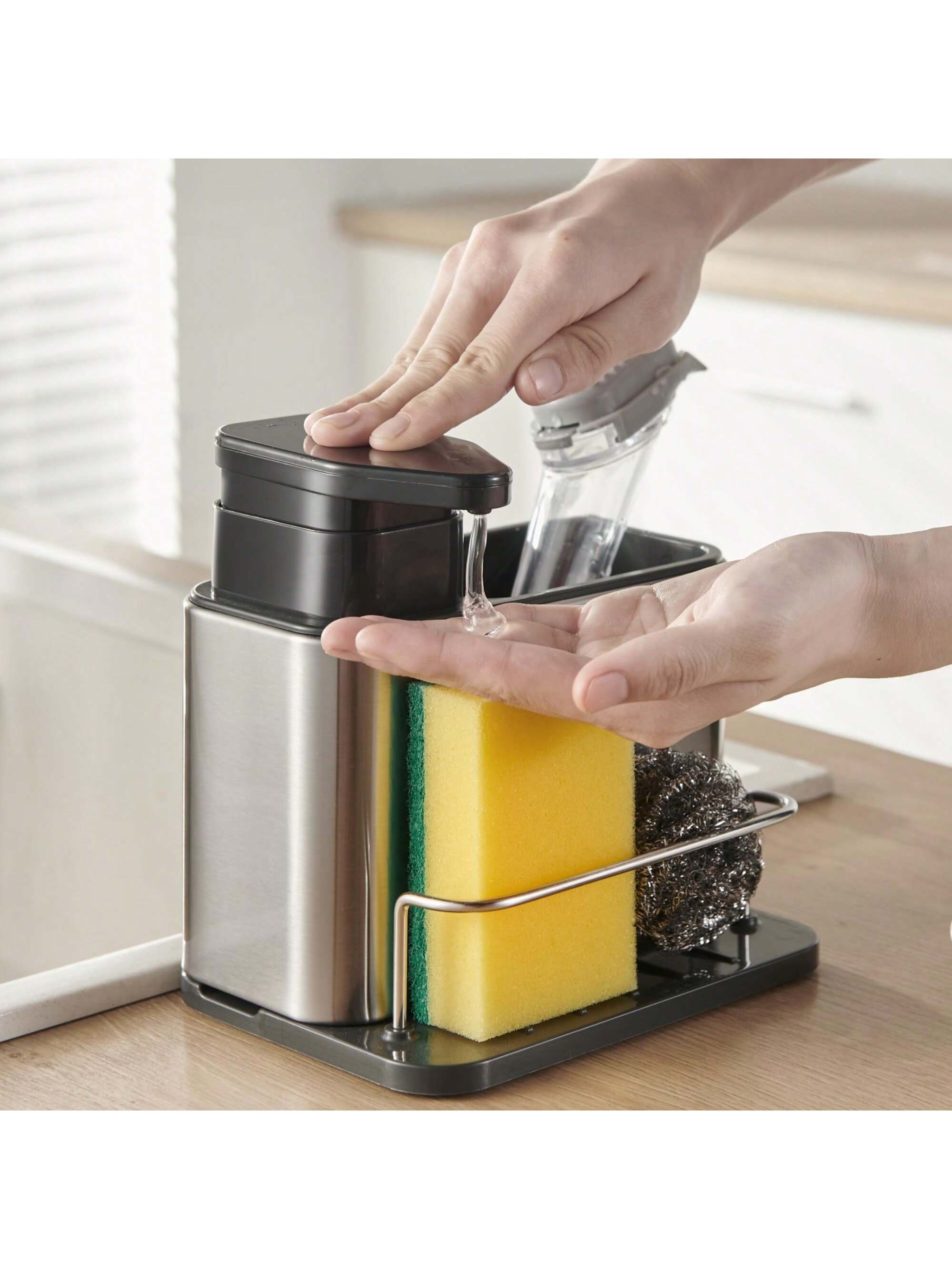 

3-In-1 Sponge Holder for Kitchen Sink Caddy Kitchen Sink Organizer Tray Drainer Rack, Rustproof Dish Soap Dispenser Brush Holder серебряный