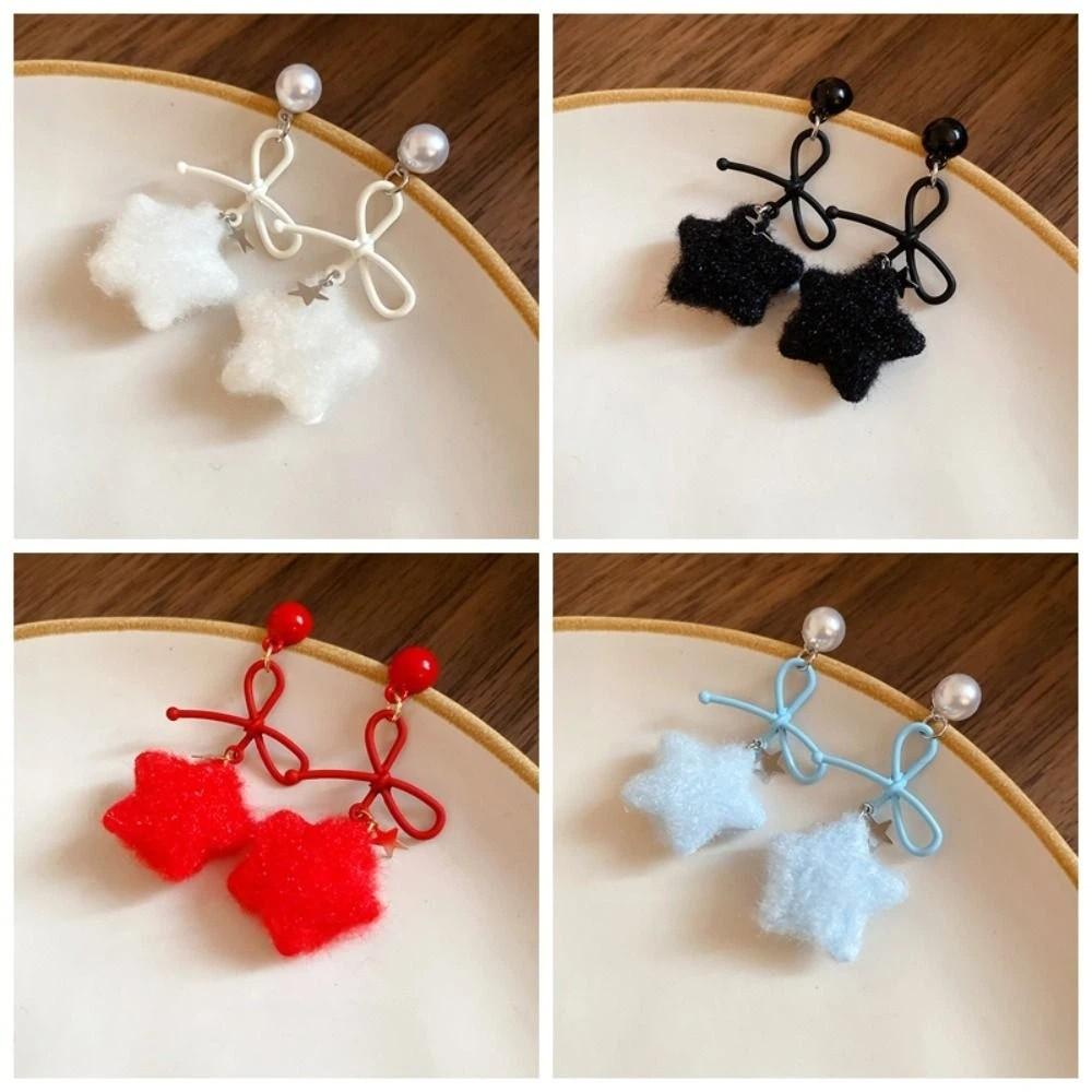 Pearl Plush Star Earrings Stars Y2K Drop Earrings Cute Winter Bow Star Earrings Girls Gift