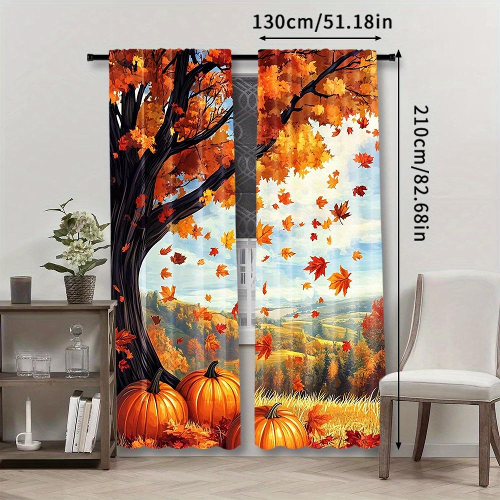 2pcs Autumn Pumpkin & Maple Leaf Curtains - Fall Thanksgiving Decorative Window Drapes with Vibrant Foliage Design, Rod Pocket