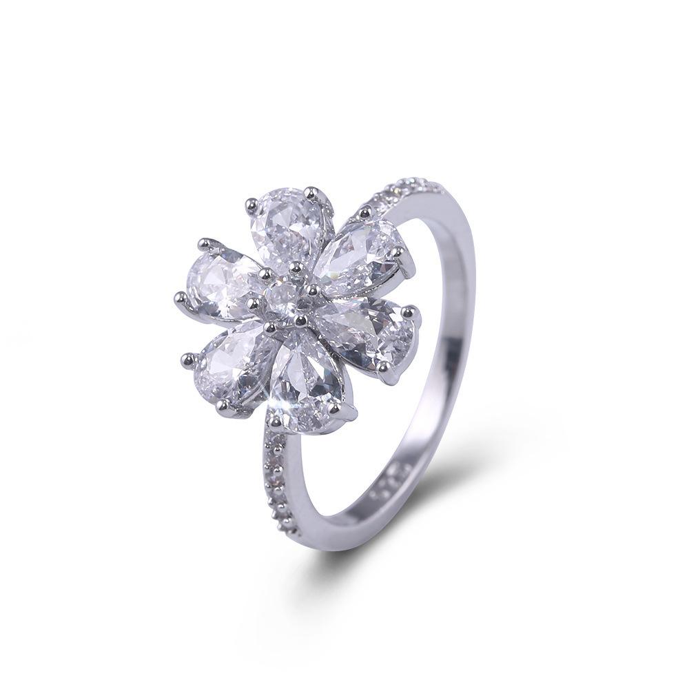 Silver Water Drop Pear-Shaped Flower Snowflake Ring Simple Temperament Flower Ring