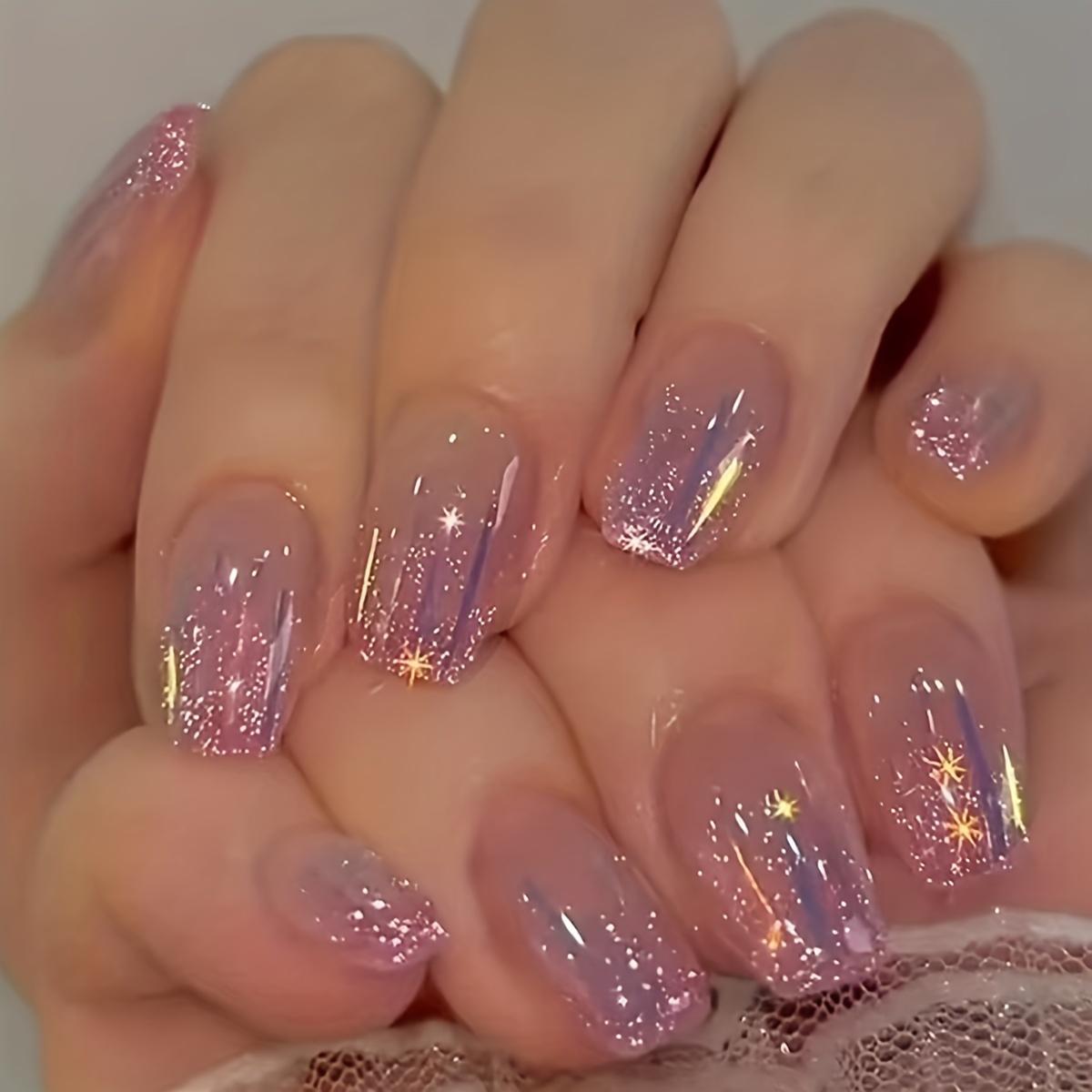 

24 шт. глянцевых коротких квадратных накладных ногтей, Aurora Purple Press On Nails с блестками и звездным дизайном, сверкающие накладные ногти с полным покрытием для женщин и девочек Imported ABS
