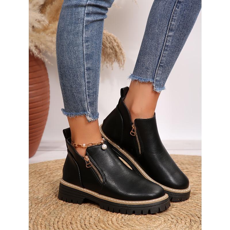 Women's Autumn/Winter New Chunky Sole Slip-Resistant Comfortable Low Heel Round Toe Side Zipper Closed Short Boots, Fashionable High-End Women's Shoes