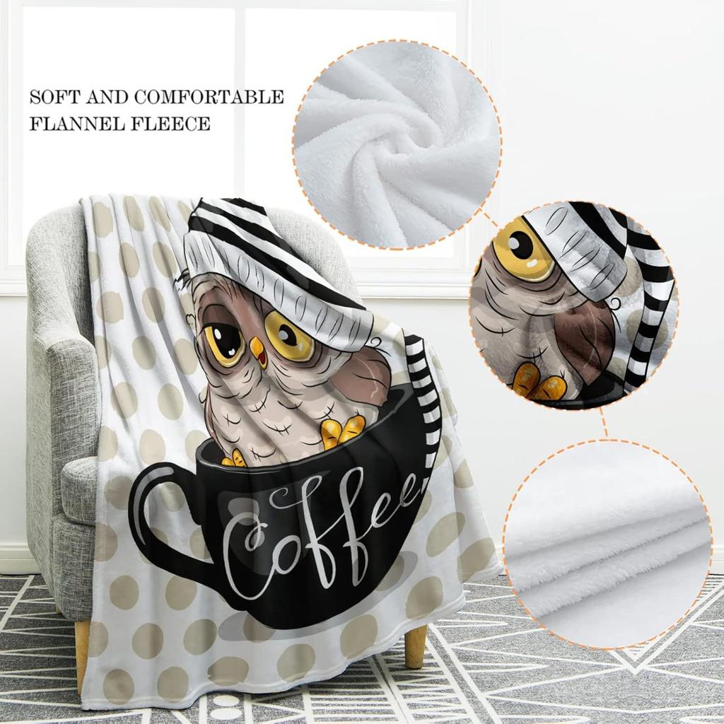 Owl Blanket Hat Coffee Cup Print Gifts for Women Kids Girls Mom Home Bedroom Living Room Decor Cartoon Throw Blankets