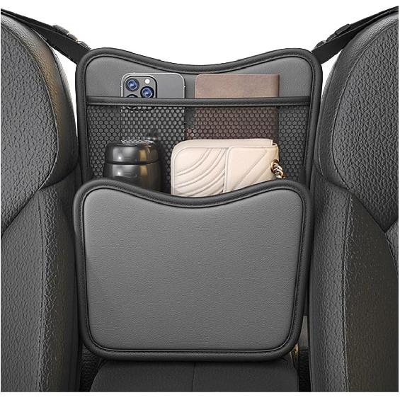 Car Organizer Storage Between Seats, Leather Large Capacity Automobile Handbag Hanging Store Content Bag, Auto Console Organizer Holder for Snack