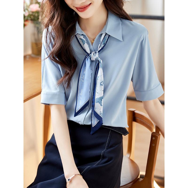 

Летняя новая белая шифоновая рубашка с короткими рукавами, женская дизайнерская рубашка Niche, летняя XXL синий