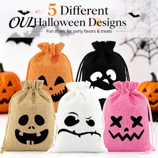Reusable Halloween Decor 5Pcs Candy Bags with Drawstring, Funny Ghost Pumpkin Print Gift Pouches for Party Favors And Trick or Treat Sacks, Decorative