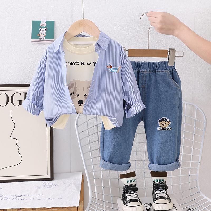 

Детский комплект для мальчиков, рубашка с длинными рукавами в полоску с рисунком собаки, повседневный топ из джинсовой ткани, модный комплект из трех предметов для мальчиков XXL синий