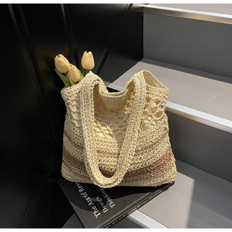 Handwoven large-capacity casual seaside vacation bag women's new fashion striped shoulder straw bag