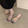French Thick Heel Bow Cool Slippers Outside Fairy Shoes Year Summer Square Head Medium Heel Silver Sandals