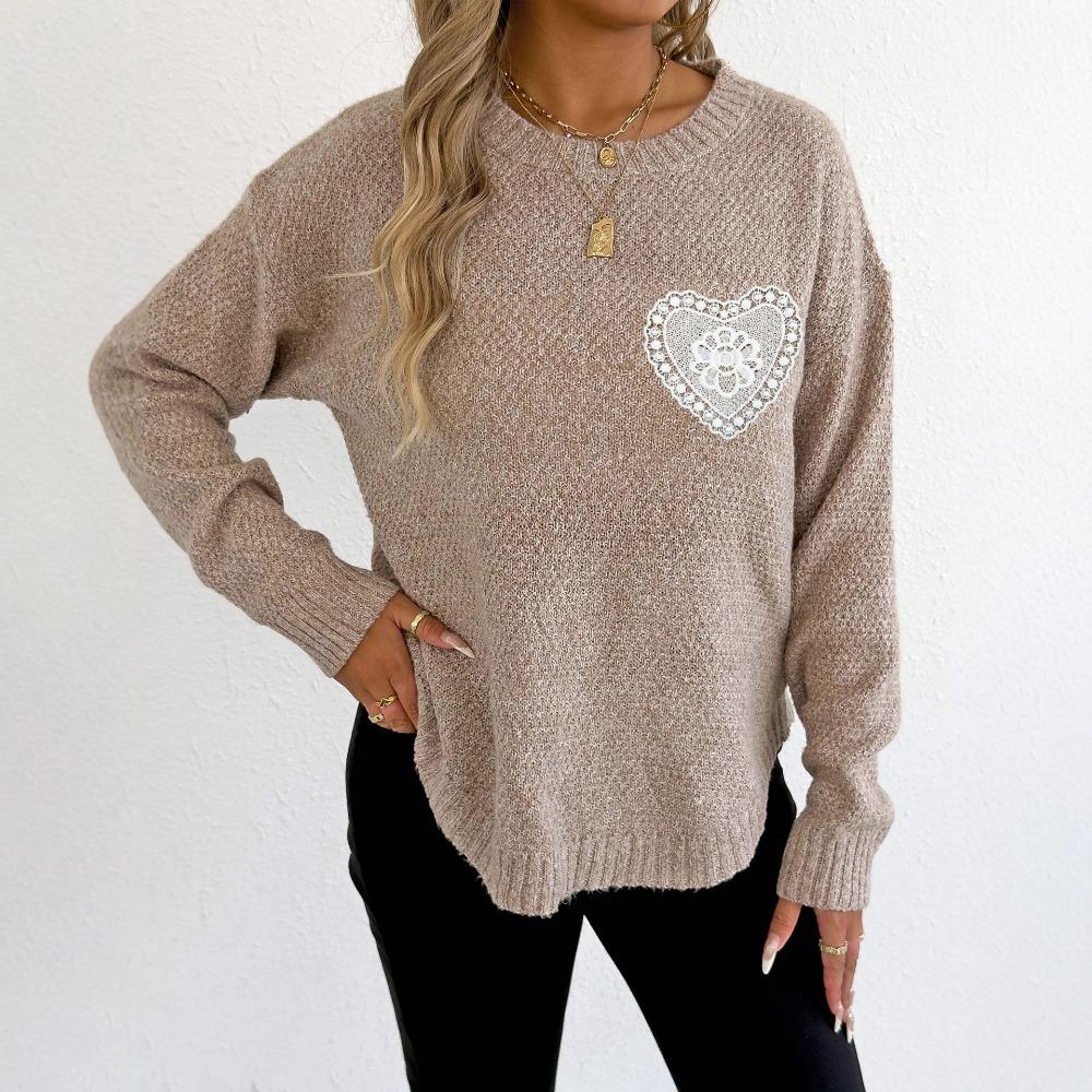 A Woolen Top with Hollowed-out Lace Pockets and A Round-neck Pullover for Women