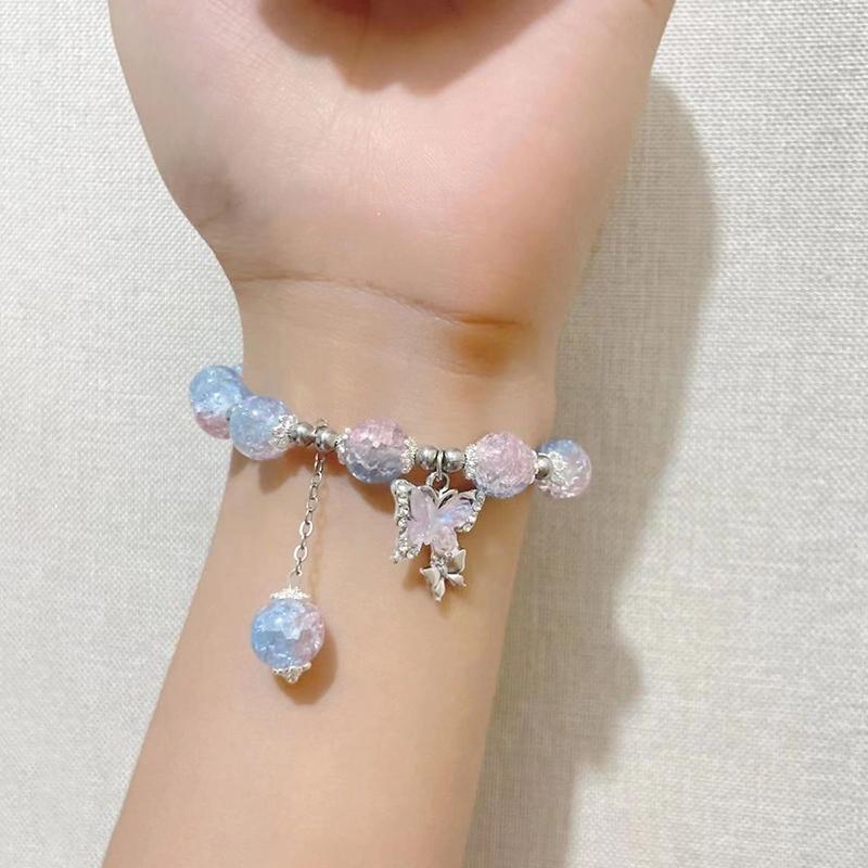 Brățară Exquisită cu Mărgele, cu Glazură Gradientă Crăpată ca Gheața cu Fluturi, Elastică, Dulce, Drăguță, Bijuterii