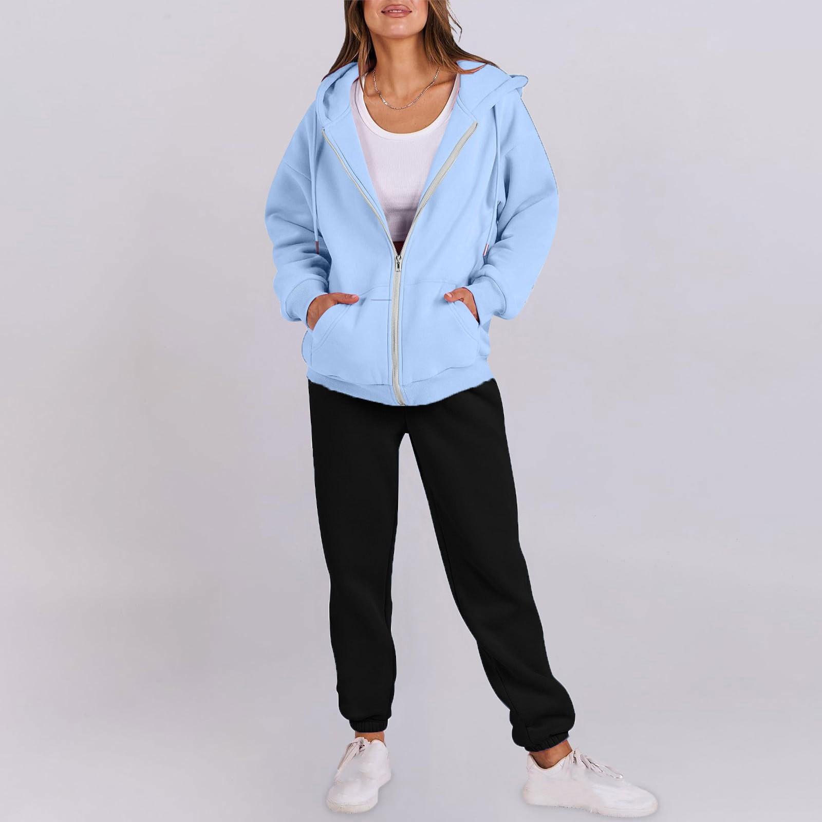 

Женская мода с капюшоном, длинным рукавом, однотонная молния, эластичный пояс, свободный комплект свитшотов XXXL небесно-голубой