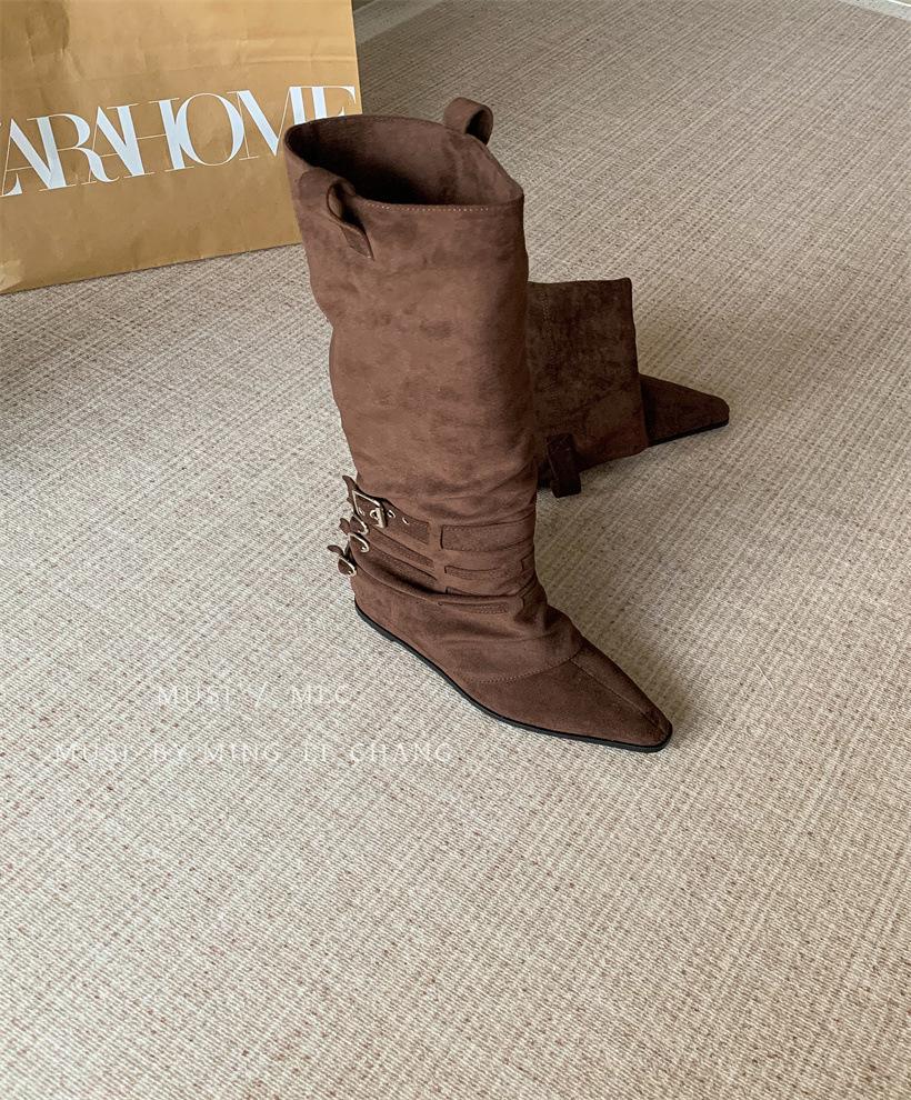 

Thick heel pleated large trouser tube boots women s 2025 autumn and winter new versatile high heel pile long tube knight boots look thin 39 темно-коричневого