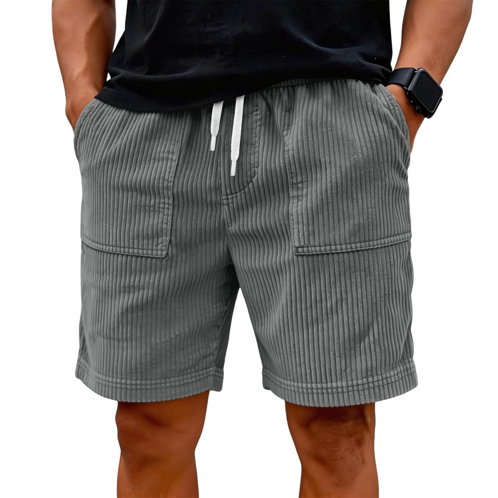 Men Corduroy Shorts with Drawstring Waist Relaxed Fit Casual Shorts with Side Pockets and Elastic Waistband