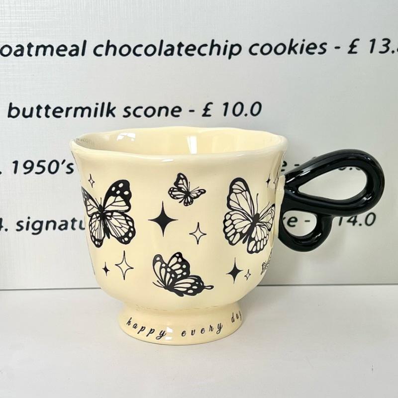 French Retro Butterfly Mug for Girls, High-end Coffee Cup, High-value Ceramic Water Cup, Birthday Gift for Girlfriends