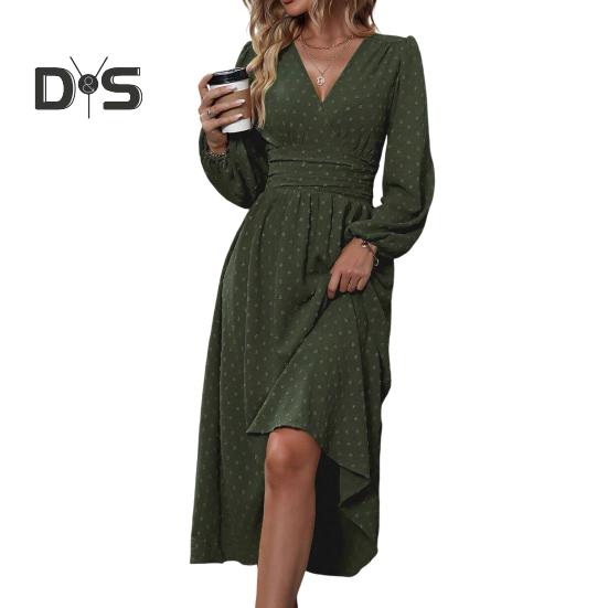 Women Spring Fall Dress V Neck Slim Waist Long Bubble Sleeves A-line Pleated MId-calf Length Flowy Dress Prom Party Dating Midi Dress