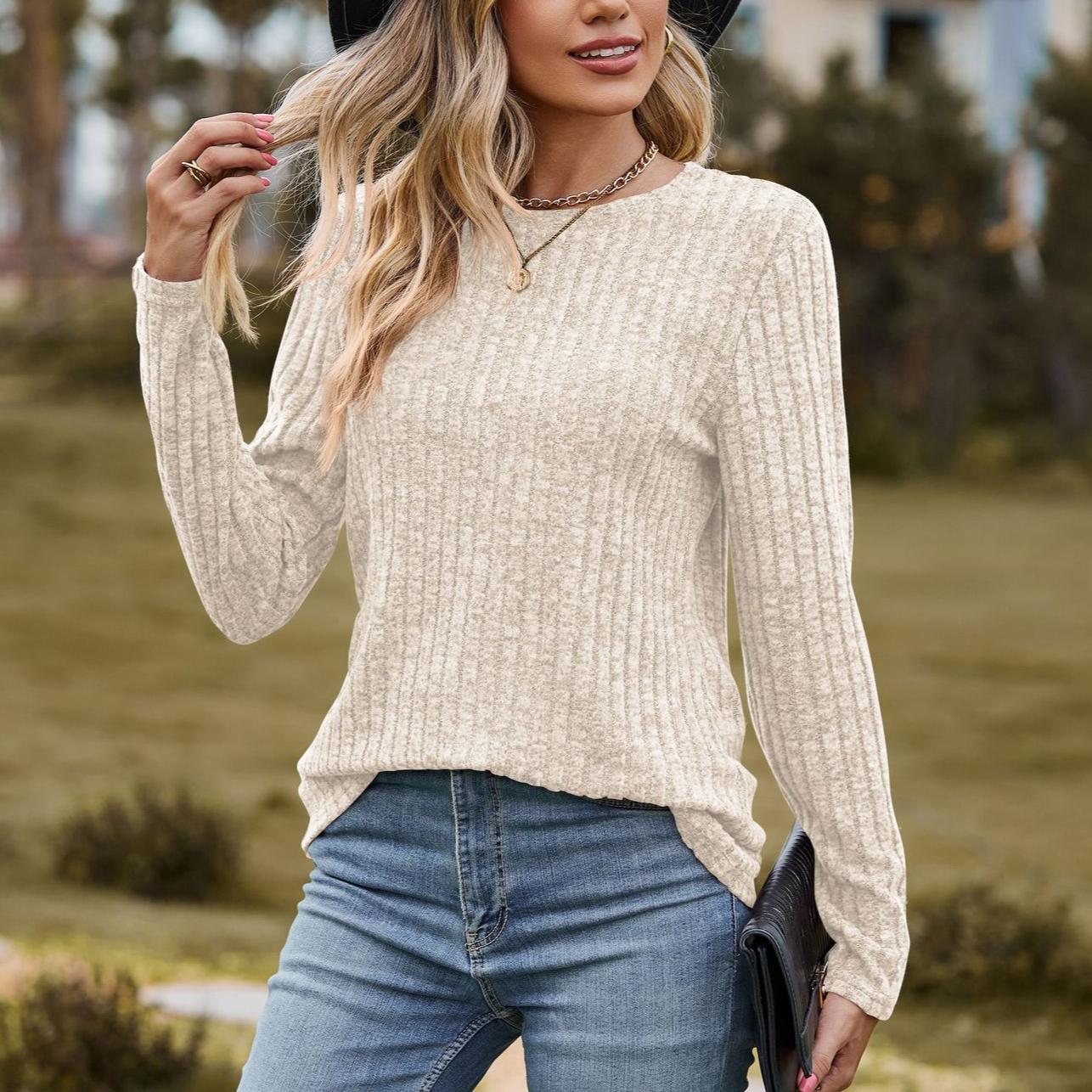 

Осінній жіночий трикотажний одяг. Жіноча повсякденна кругла горловина. Пуловер у чітку смужку. Однотонна футболка з довгим рукавом. L абрикосовий