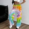 Women Multicolor Spiral Print Wide Leg Pants Elastic Waist Drawstring Loose Fit Summer Casual Beach Resort Long Trousers Stree