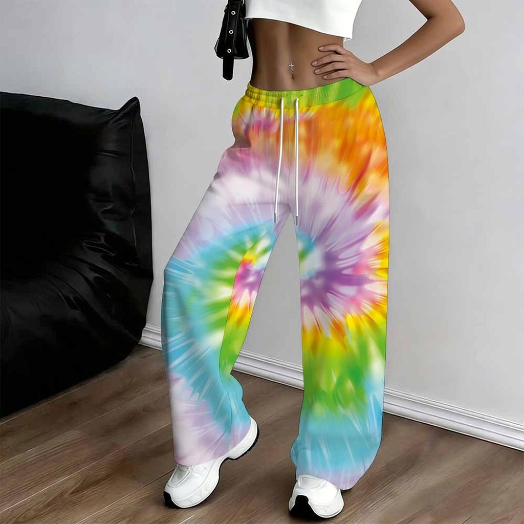 Women Multicolor Spiral Print Wide Leg Pants Elastic Waist Drawstring Loose Fit Summer Casual Beach Resort Long Trousers Stree
