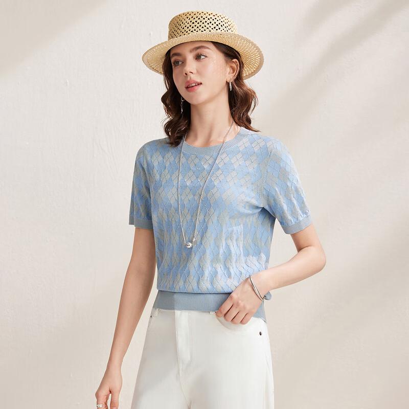 Women's Retro Diamond Pattern Silk Blend Short Sleeve Knit Top