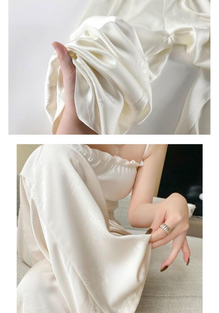 2025 Spring/Summer Women's Jacquard Satin Wide-Leg Pants: High-Waist, Buttoned, Slim-Fit, Casual Trousers.