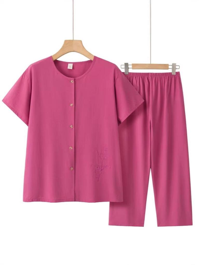 Elegant Two-Piece Summer Set for Middle-Aged and Elderly Women - Short Sleeve Casual Style