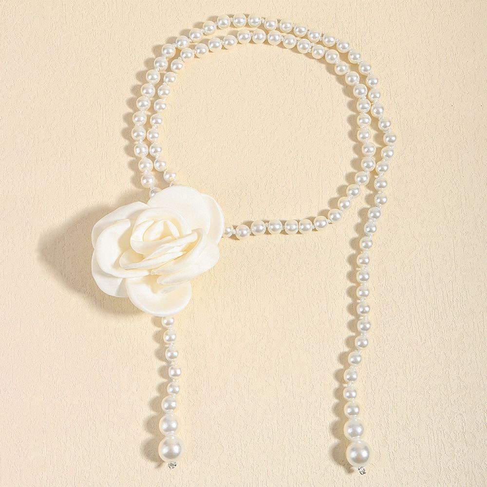 Women's High-End Dress Belt with White Pearl Flower Decoration for Summer