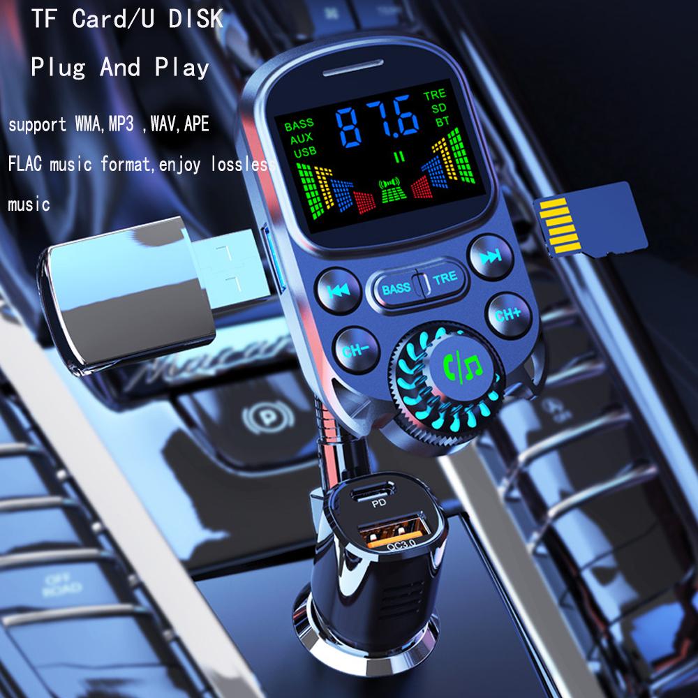 Renkli Araç Şarj Cihazı FM Verici Bluetooth Kablosuz Eller Serbest Ses MP3 Müzik Çalar PD Type-C QC 3.0 Hızlı Şarj Cihazı Aksesuarları
