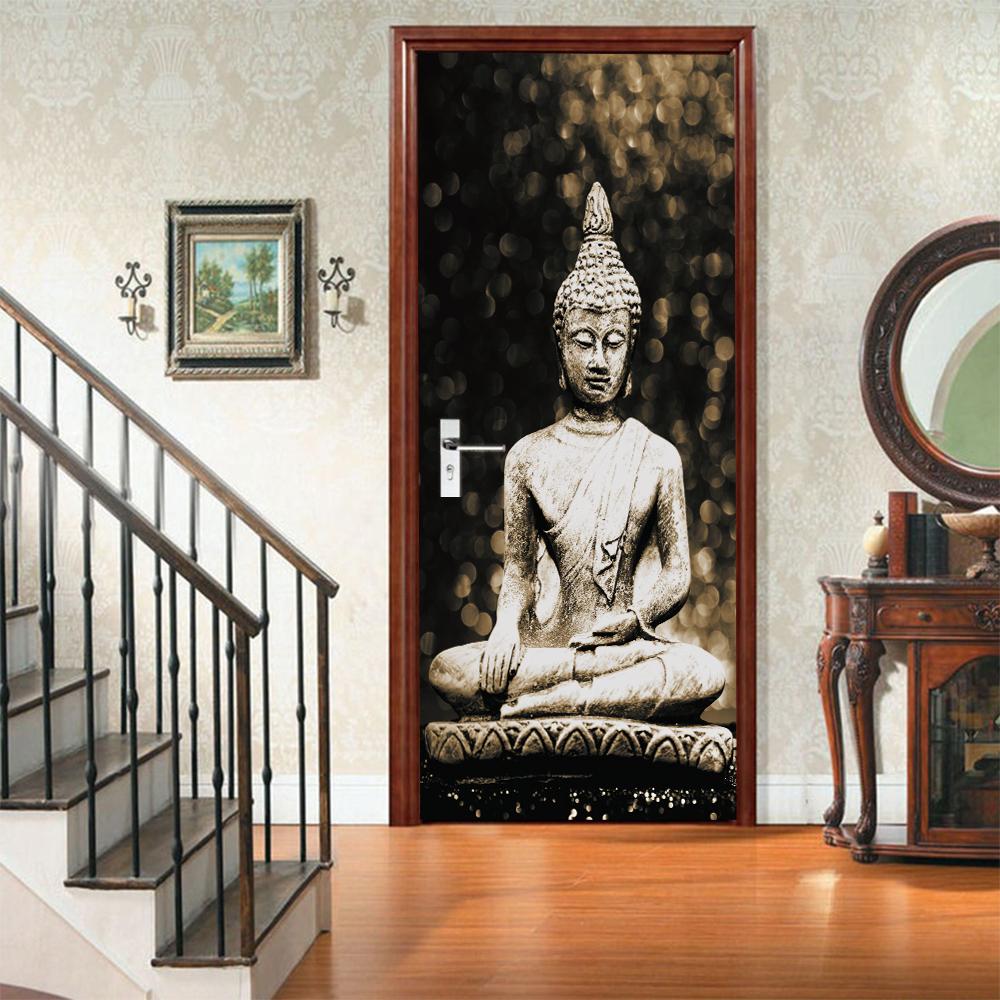 3D Door Mural Sticker Peel and Stick Door Wallpaper Golden Buddha Castle Moon Mermaid Flower Home Decor Removable