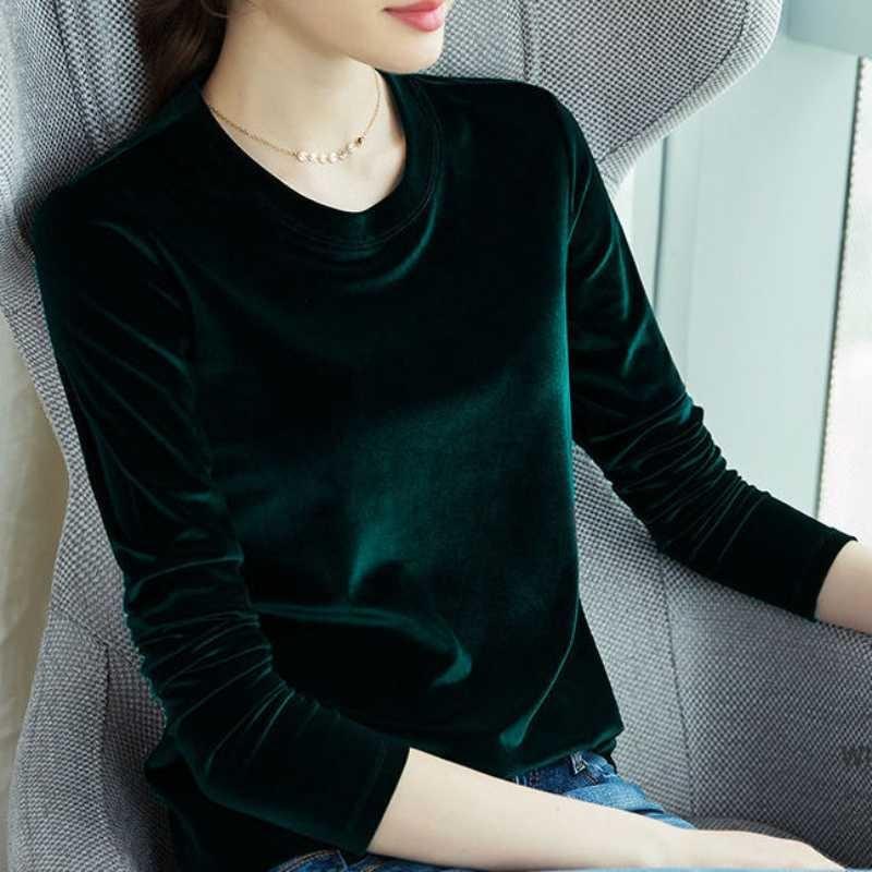 2025 Spring Autumn Women European and America Trend Slim Gold Velvet Bottoming Shirt Korean Temperament Gentle Loose Warm Long Sleeve Shirt