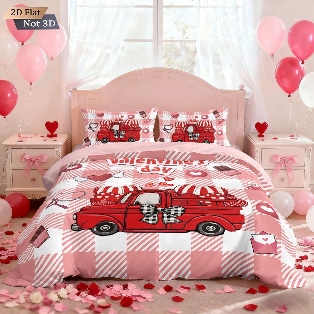 3pcs Valentine's Day red love car print coreless down duvet cover set multi size bedroom bedding decoration machine washable