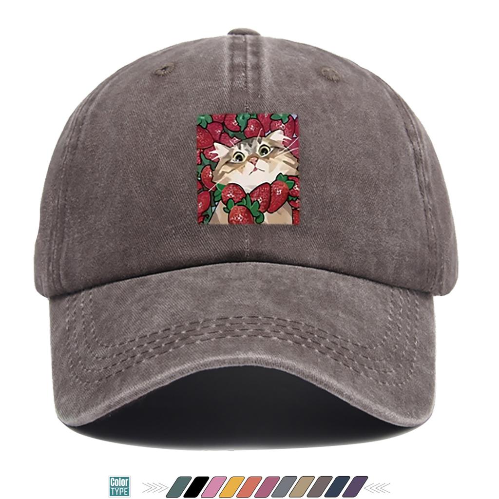 pc Strawberry Cat Print Baseball Cap with Duckbill Bill Adjustable Unisex Hat Suitable for Outdoor Parties Travel Ligh