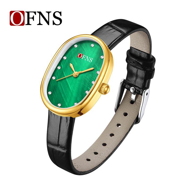 Fashion Ofns Women's Fashion Luxury Pearl Mother Of Dial Diamond Dot Oval Quartz Waterproof Light Dress Watch For Girlfriend Gif