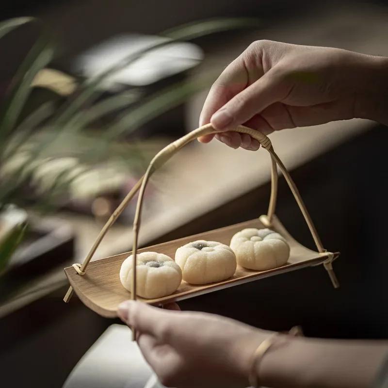 Creative Tea Tray Fruit Basket Bamboo Handmade Wedding Cake Table Retro Chinese Home Small Tray Small Basket