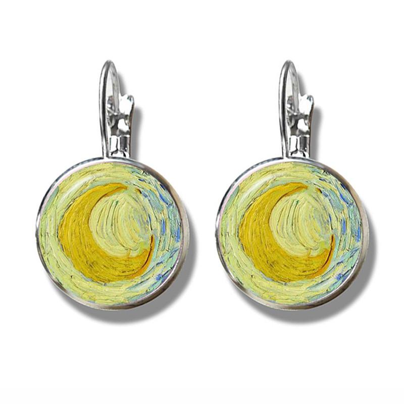 Van Gogh Solsikker Kunst Vintage Sølvbelagte Øredobber Glass Cabochon Kuppel Stiftøredobber Zirkon For Kvinner Jenter Gave